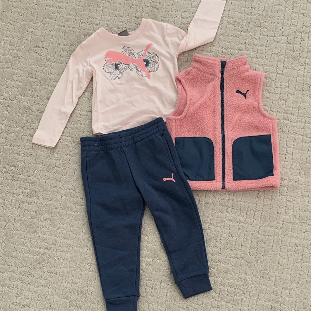 Puma Girls 3-Piece Set Pink Fleece Joggers Cotton Long Sleeve Shirt Vest 2T New